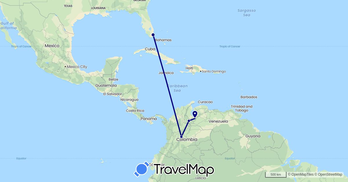TravelMap itinerary: driving in Colombia, United States, Venezuela (North America, South America)